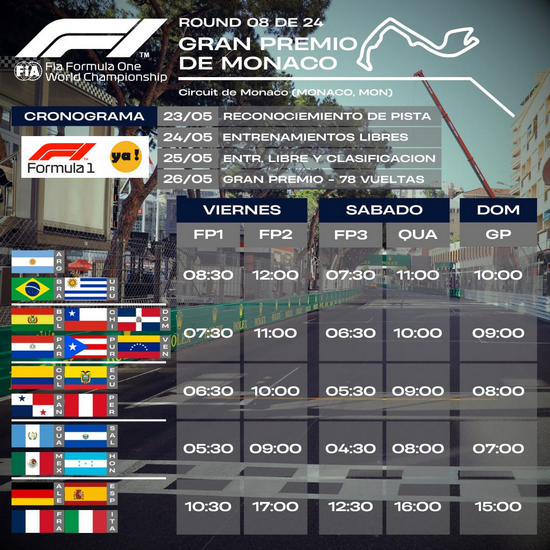 Horarios GP MONACO 2024 F1